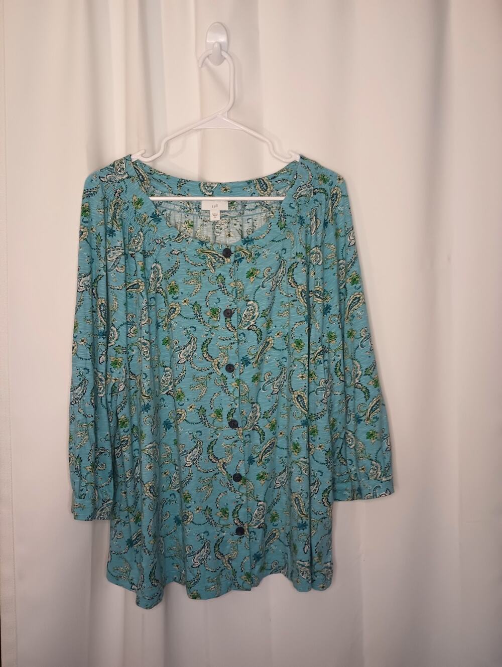 J Jill Button Up Peasant Top 3X Blue Paisley Cotton Modal Boho Cottage Coastal